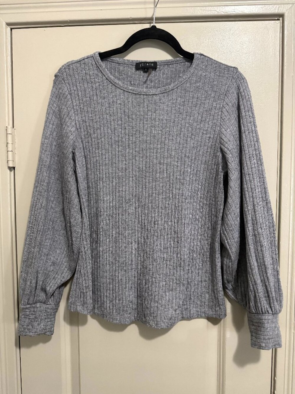 1.STATE Women's Balloon Sleeve Crewneck Rib Sweater Heather Grey Size Med